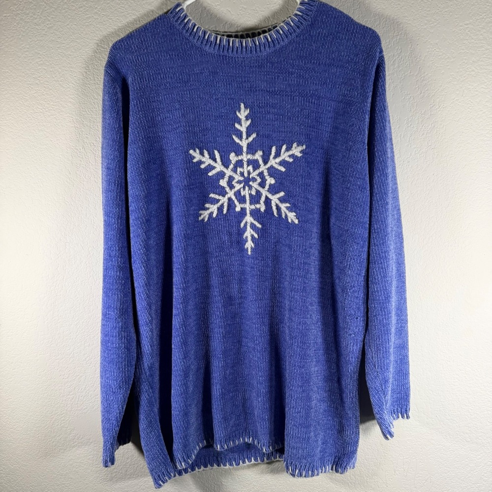 Quacker Factory Blue Chenille Snowflake Sweater Embroidered Winter Knit Large